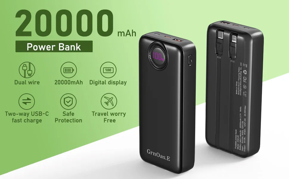 20000mAh Portable Charger 22.5W Fast Charging Power Bank 5 Output 2 Input for iPhone 16/15 Series Samsung Galaxy and More