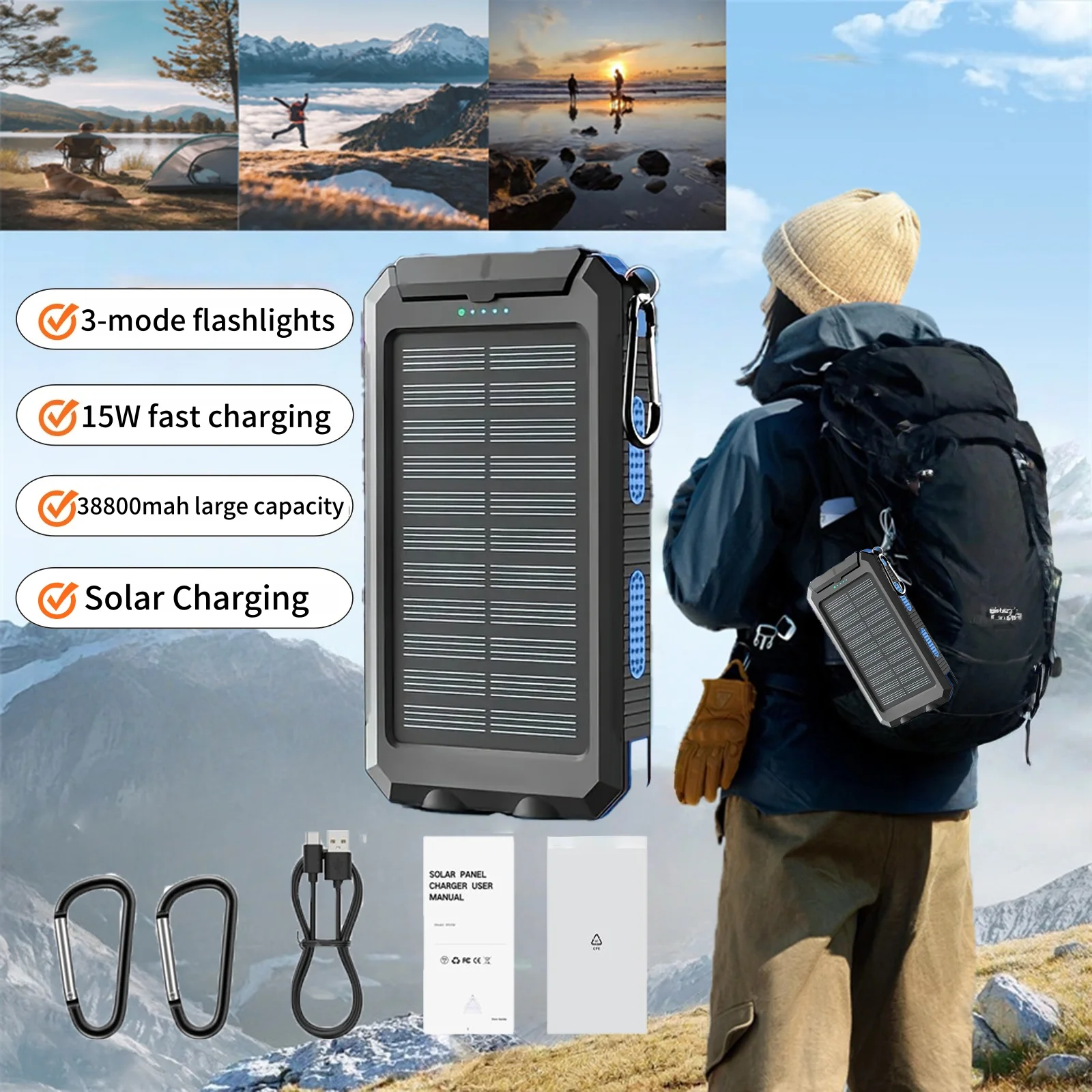 Waterproof Outdoor Solar Power Bank 38800mAh Dual USB Travel Outdoor Solar Mobile Phone Charger Solar Powerbanks For Camping